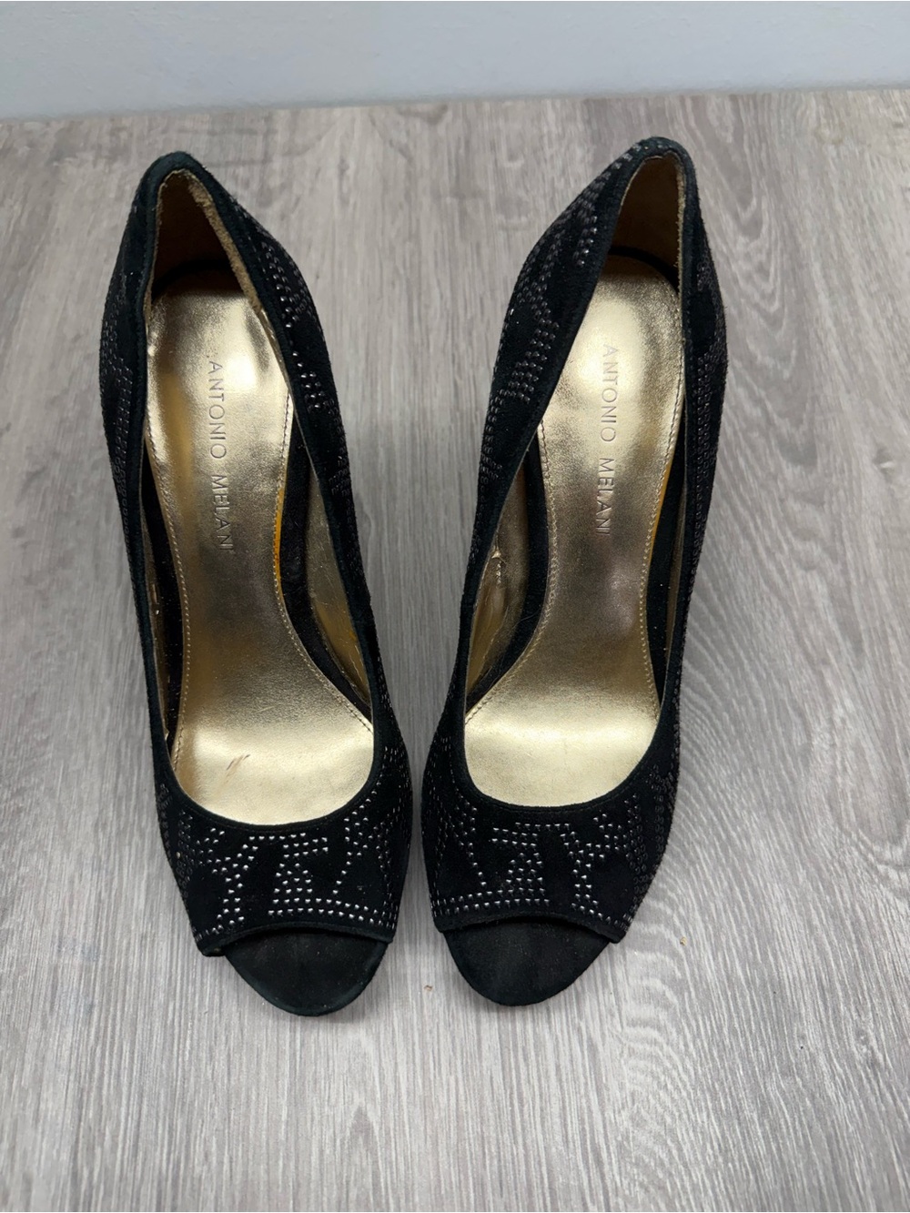 ANTONIO MELANI Black Suede Peep-Toe Heels with Stud Detail